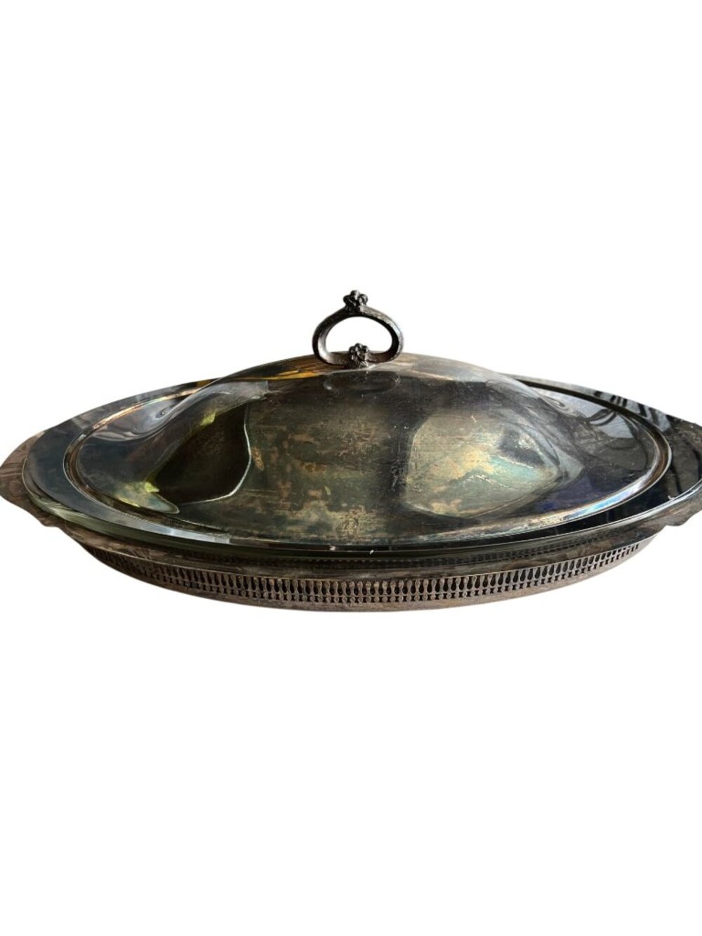 Vintage Pilgrim Silver Plate P728 Pyrex 3 qt  Oven Roaster Serving Piece 18"x10"